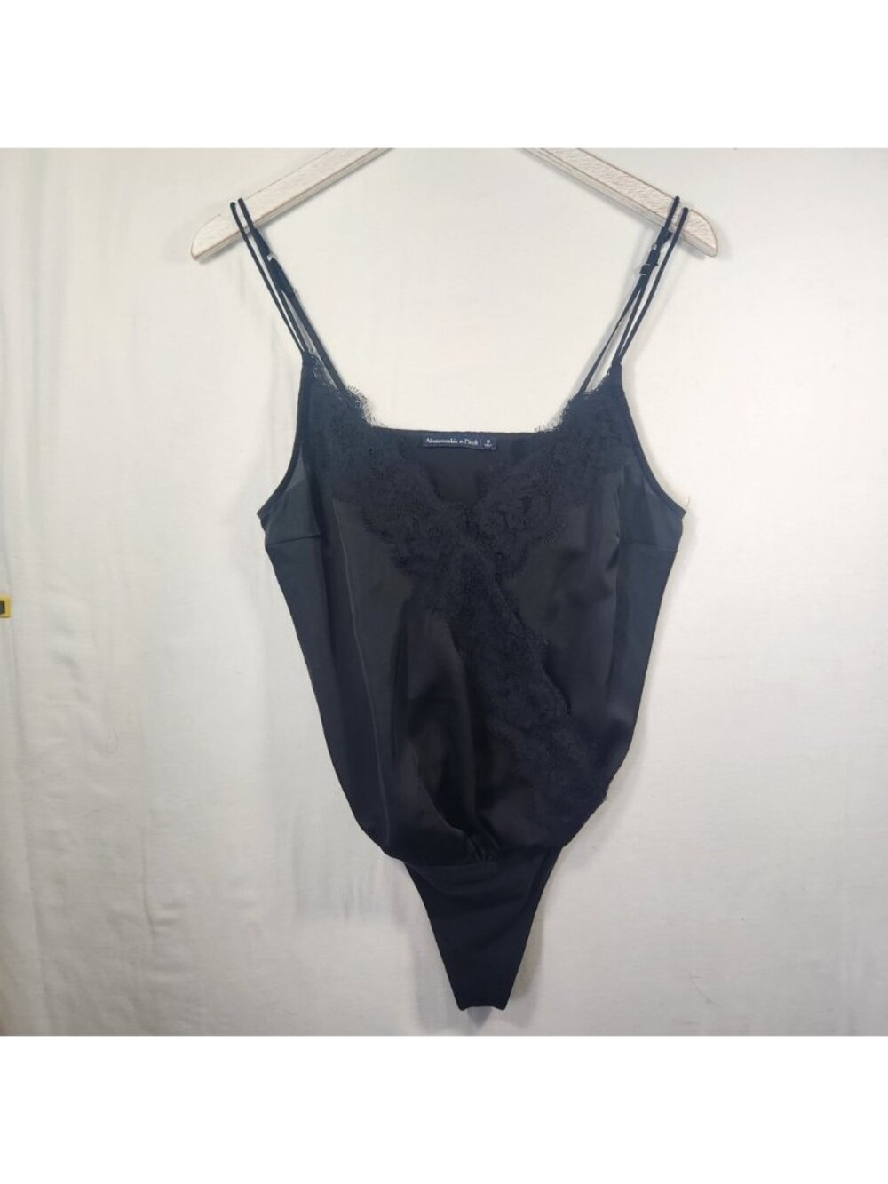 Abercrombie & Fitch Black‎ Satin Lace Trim Surplice Bodysuit Small